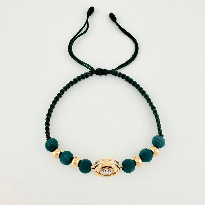 Green Woven Bracelet Yellow White Gold 18K Plain Beads Crown Circle