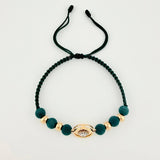 Green Woven Bracelet Yellow White Gold 18K Plain Beads Crown Circle