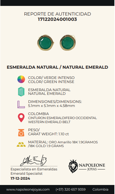 Topos Redondos 1.65gr / 5.5mm Esmeraldas 1.1 Qts Oro Amarillo 18K (Joya) ©