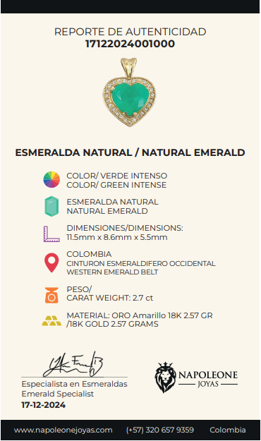 Dije Corazón 2.95gr / 1.9cm / Esmeralda 2.7 Qts Circones Blancos Oro Amarillo 18K (Joya) ©