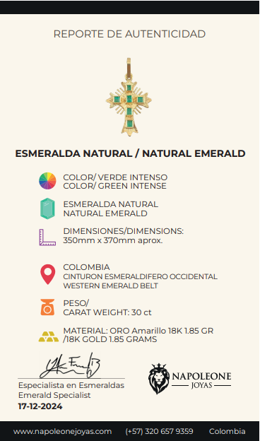 Dije Cruz de Altar 1.2gr / 2.5cm / Esmeraldas 30pts Oro Amarillo 18K (Joya)