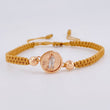 Woven Brown Bracelet Circle of the Virgin of Guadalupe Diamond Cut Beads Two Golds White Rose 18K