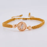 Woven Brown Bracelet Circle of the Virgin of Guadalupe Diamond Cut Beads Two Golds White Rose 18K