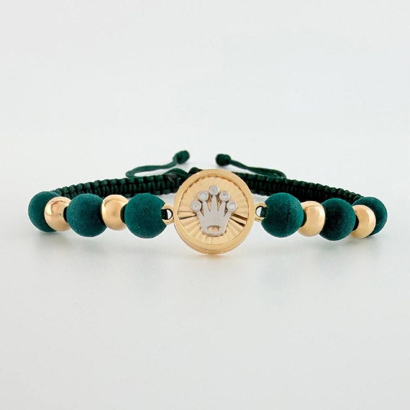 Green Woven Bracelet Yellow White Gold 18K Plain Beads Crown Circle