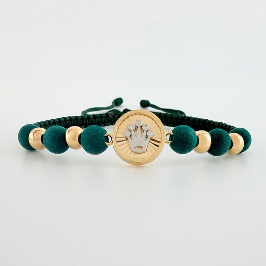 Pulsera Tejida Verde Circulo Corona Bolas Lisas Dos Oros Amarillo Blanco 18K