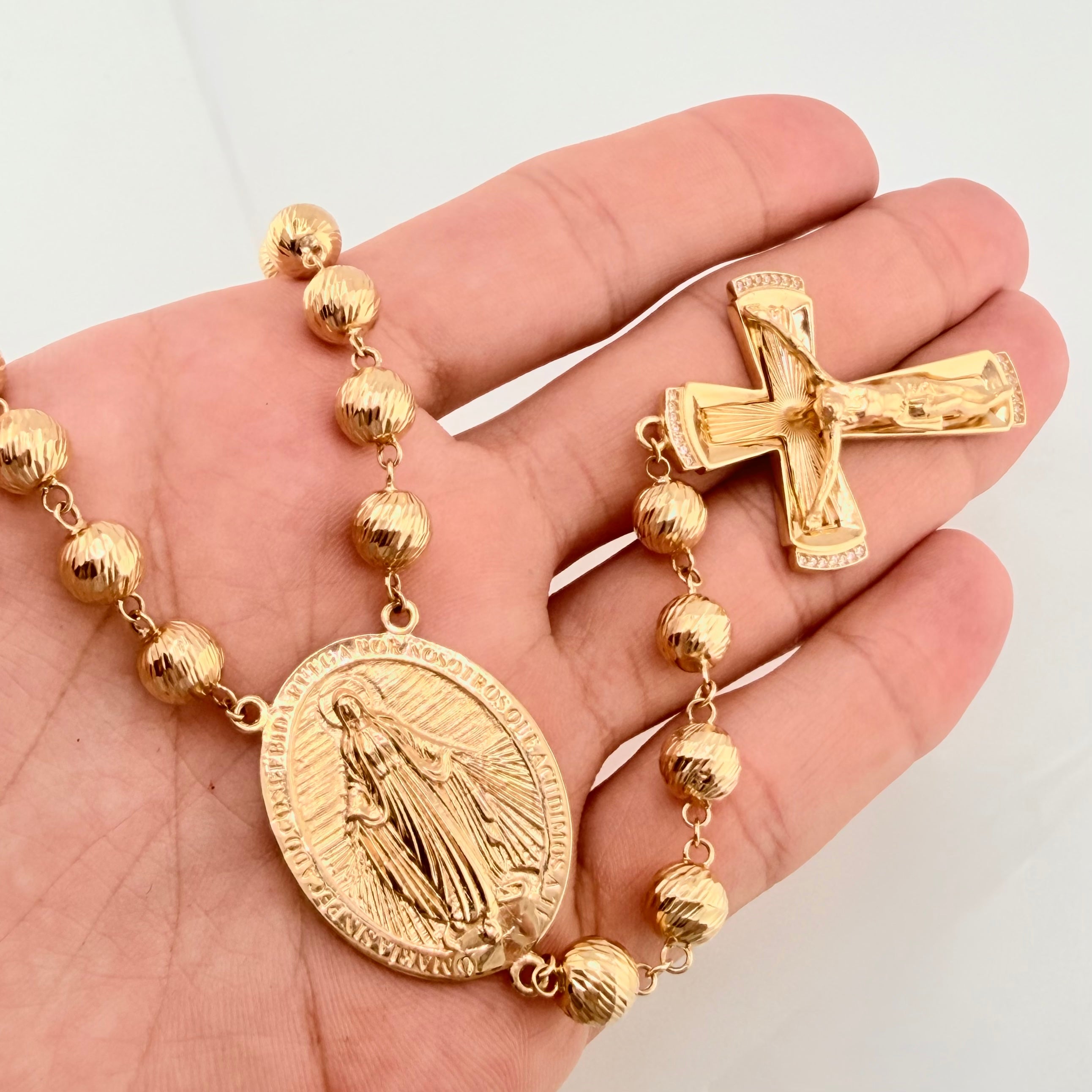 Rosario Cruz Cristo Virgen Milagrosa 53.45gr / 29 1/2 in / 8mm Oro Amarillo 18K *