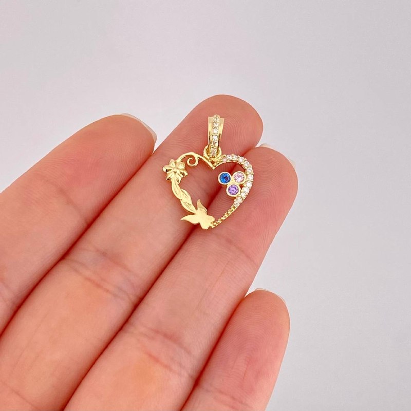 Dije Corazón Mariposa Flor 1.7g / 3/4 in Tres Oros 18K
