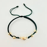 Green and Black Woven Bracelet Charm of Archangel Michael Diamond Cut Beads Two Yellow and White Gold 18K