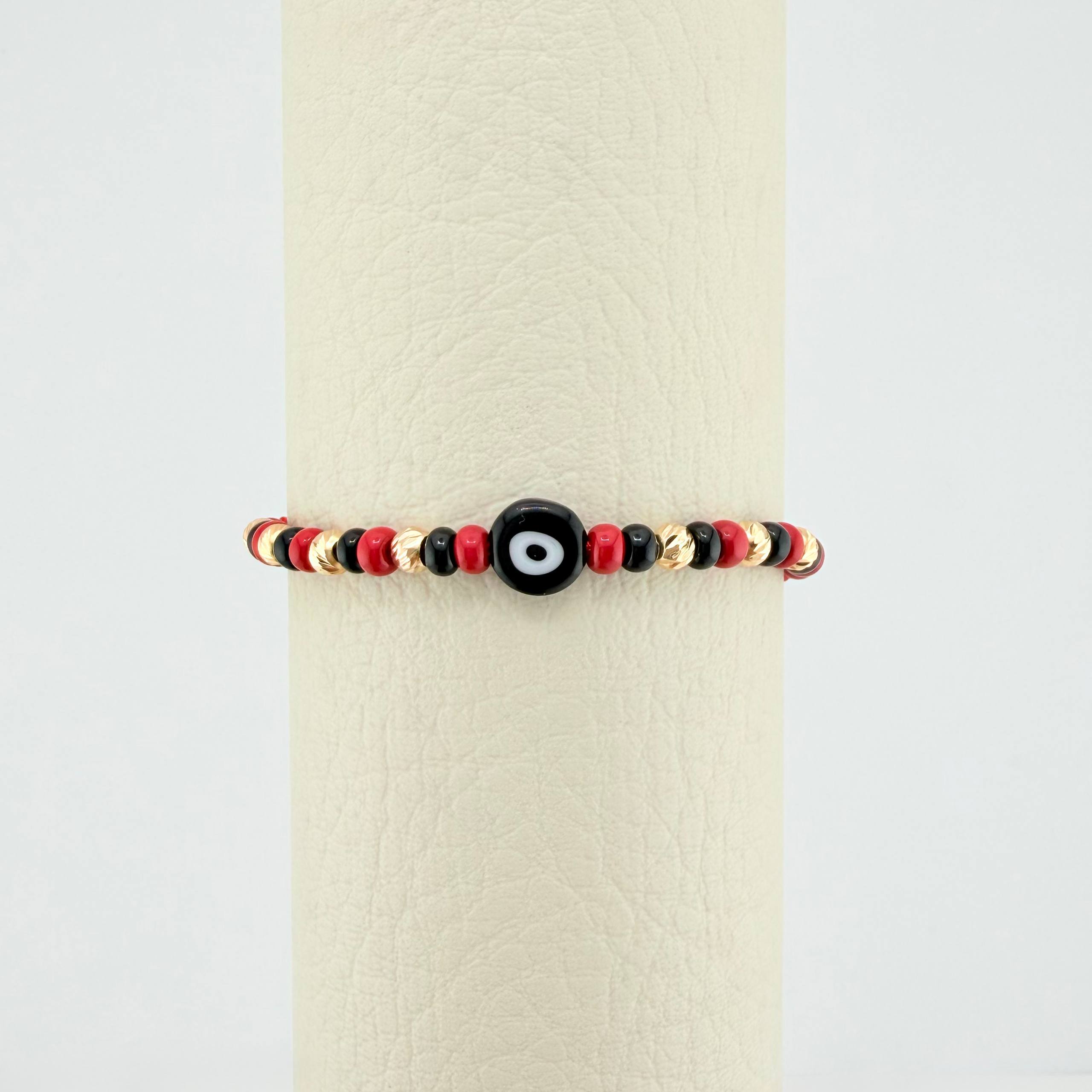 Red Woven Bracelet with Turkish Eye in 18K Yellow Gold