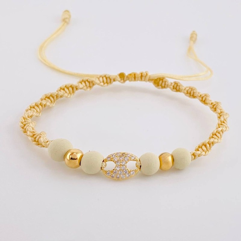 Pulsera Tejida Beige Herraje GC Bolas Lisas Oro Amarillo 18K