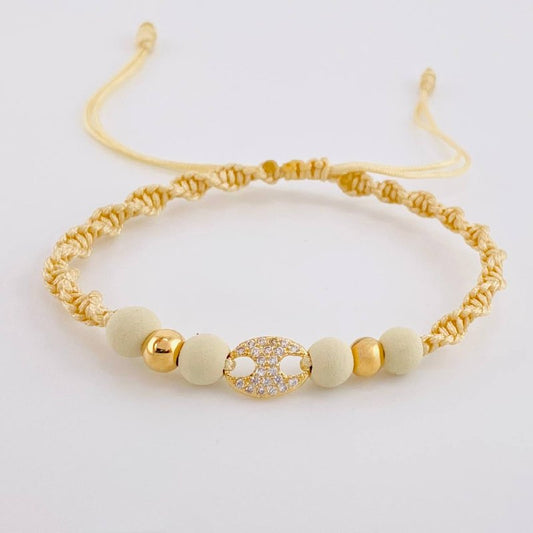 Pulsera Tejida Beige Herraje GC Bolas Lisas Oro Amarillo 18K