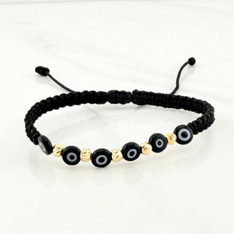 Pulsera Tejida Negra Ojos Turcos Negros Oro Amarillo 18K