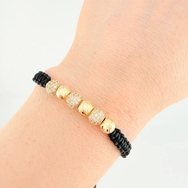 Black Woven Bracelet Fire Beads Diamond Cut Beads Yellow Gold 18K