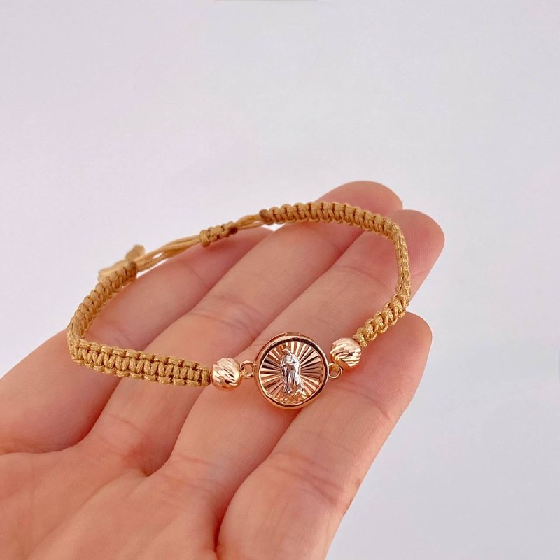 Woven Brown Bracelet Circle of the Virgin of Guadalupe Diamond Cut Beads Two Golds White Rose 18K