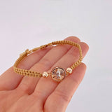 Woven Brown Bracelet Circle of the Virgin of Guadalupe Diamond Cut Beads Two Golds White Rose 18K