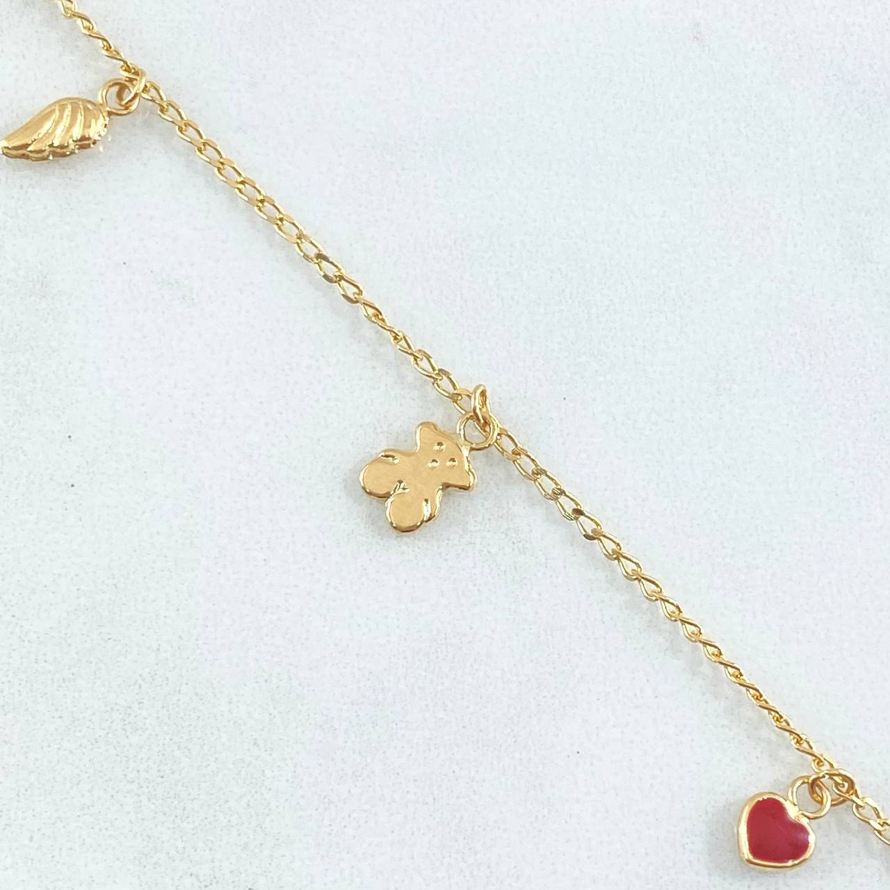 Tobillera Espiga 3.15gr / 26cm / 1.5mm Corazones-Ala-Oso Ts- Oso Peluche Oro Amarillo 18K *