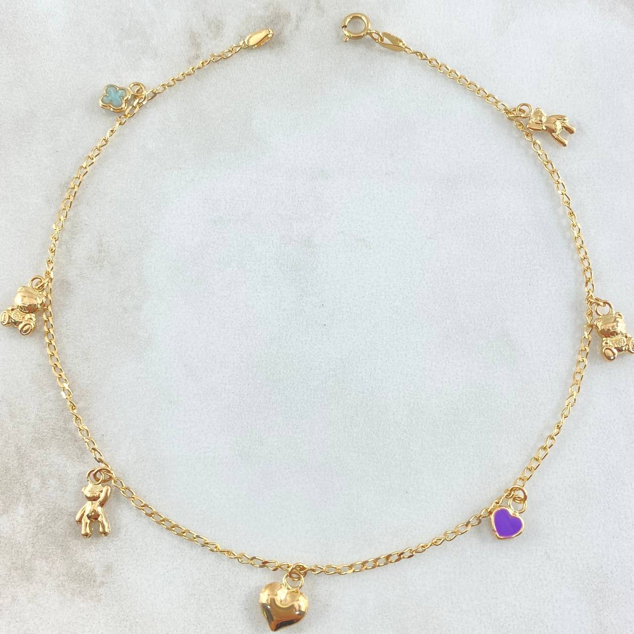 Espiga Anklet 3.1gr / 9.8in / Bears-Hearts-Clover 18K Gold *
