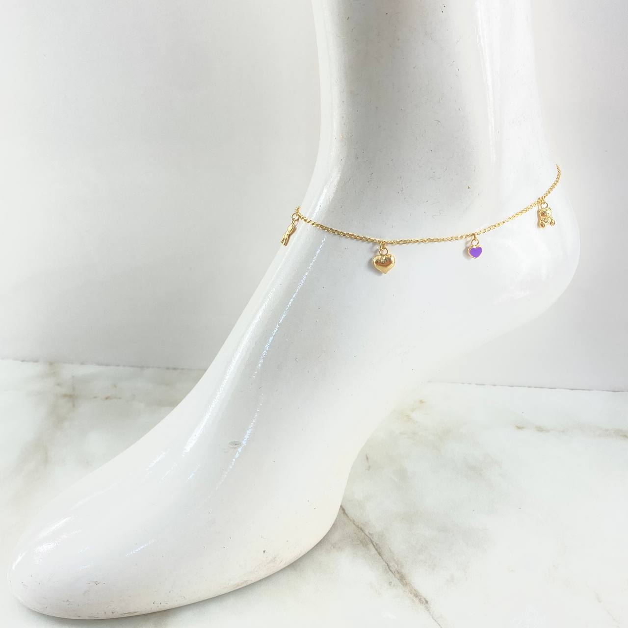 Espiga Anklet 3.1gr / 9.8in / Bears-Hearts-Clover 18K Gold *