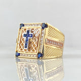 Anillo Recuadro Confesionario Cruzado 13.05gr / T10 1/4 / Circones Blancos Azules Tres Oros 18K *