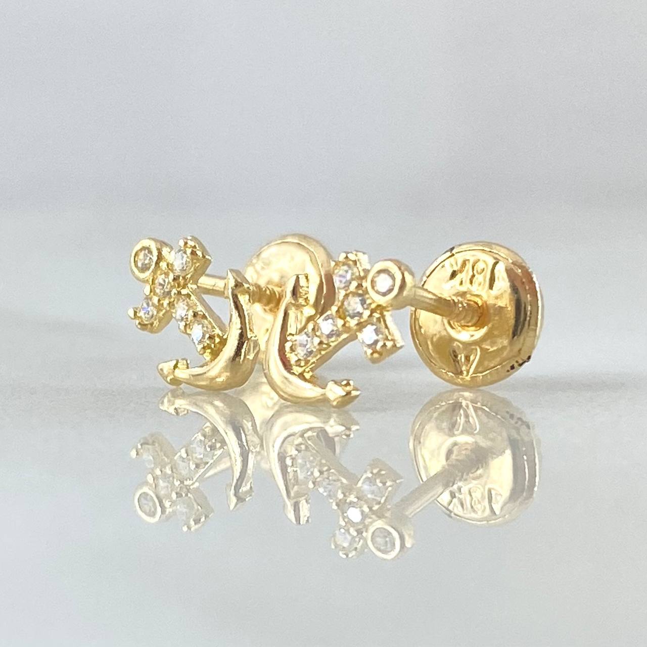 Topos Cruz Anclada 0.7gr / 6.5mm Circones Blancos Oro Amarillo 18K
