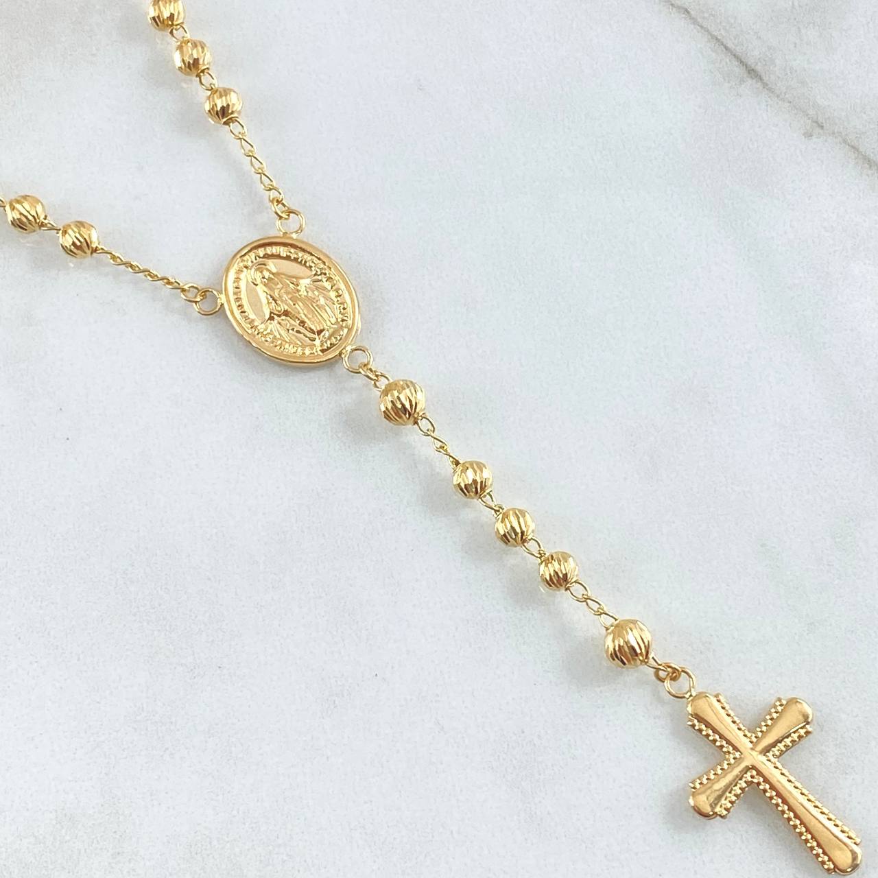 Rosario Virgen Milagrosa Cruz Bordeada 11.95gr / 55cm / 4mm-5mm Bola Diamantada Oro Amarillo 18K