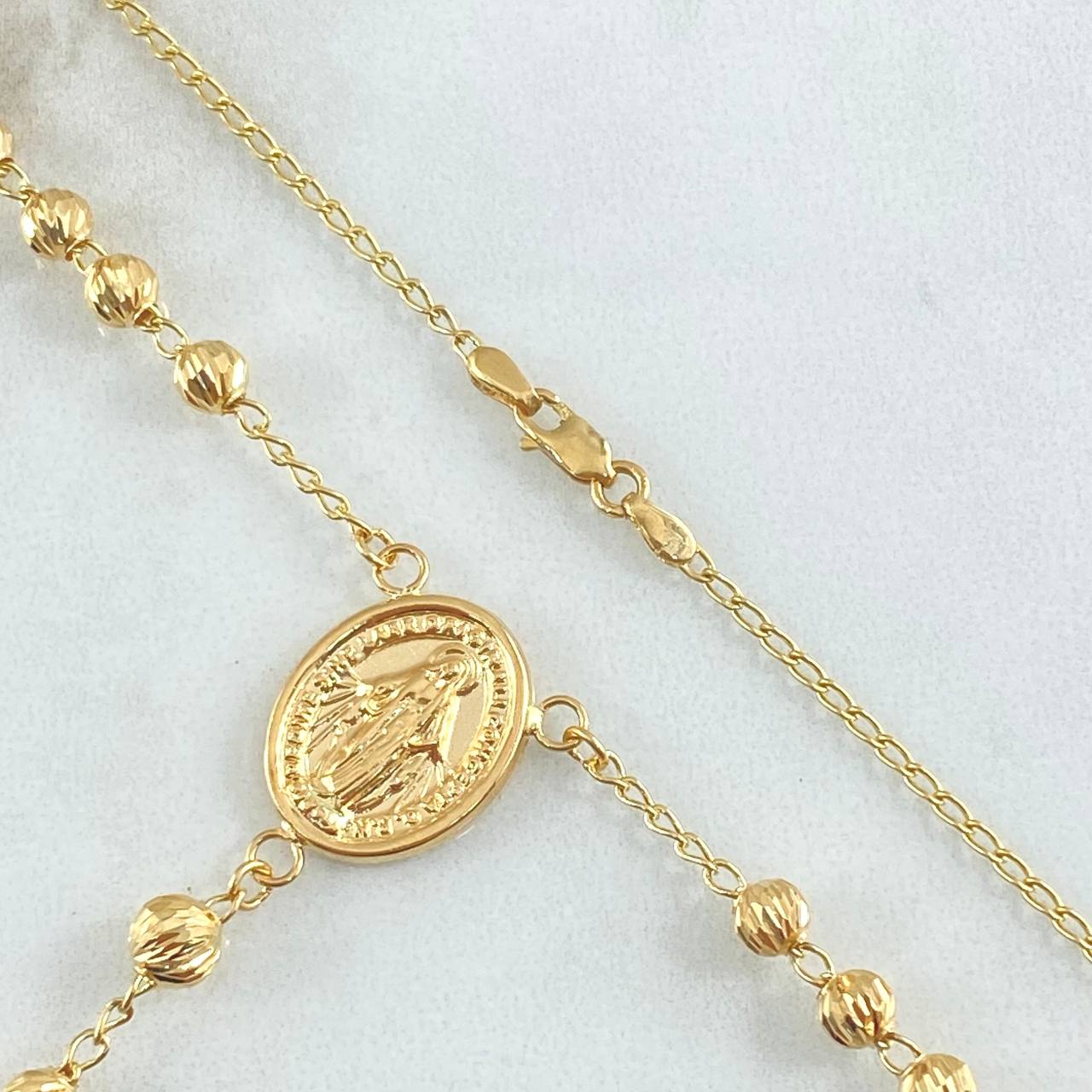 Rosario Virgen Milagrosa Cruz Bordeada 11.95gr / 55cm / 4mm-5mm Bola Diamantada Oro Amarillo 18K