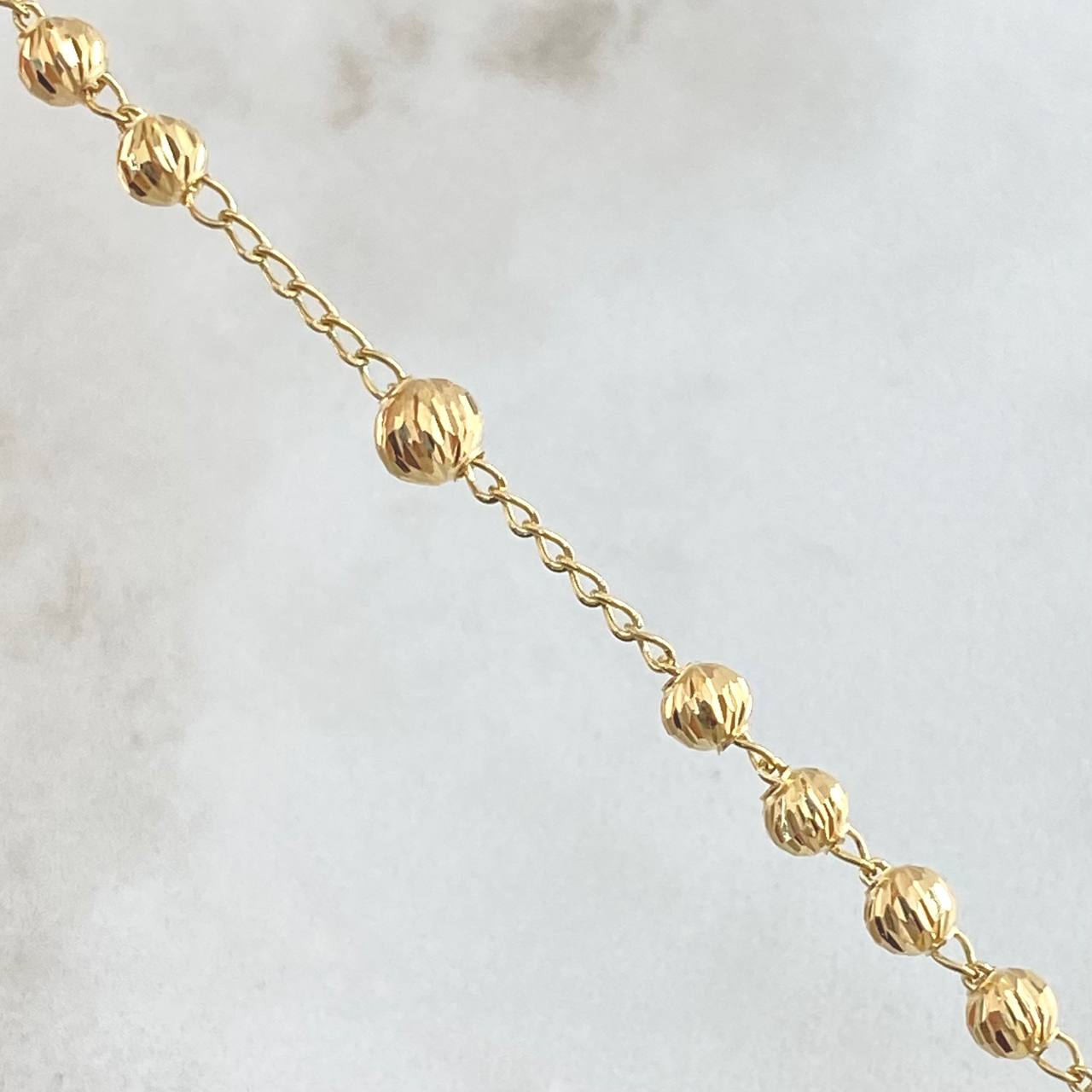 Rosario Virgen Milagrosa Cruz Bordeada 11.95gr / 55cm / 4mm-5mm Bola Diamantada Oro Amarillo 18K