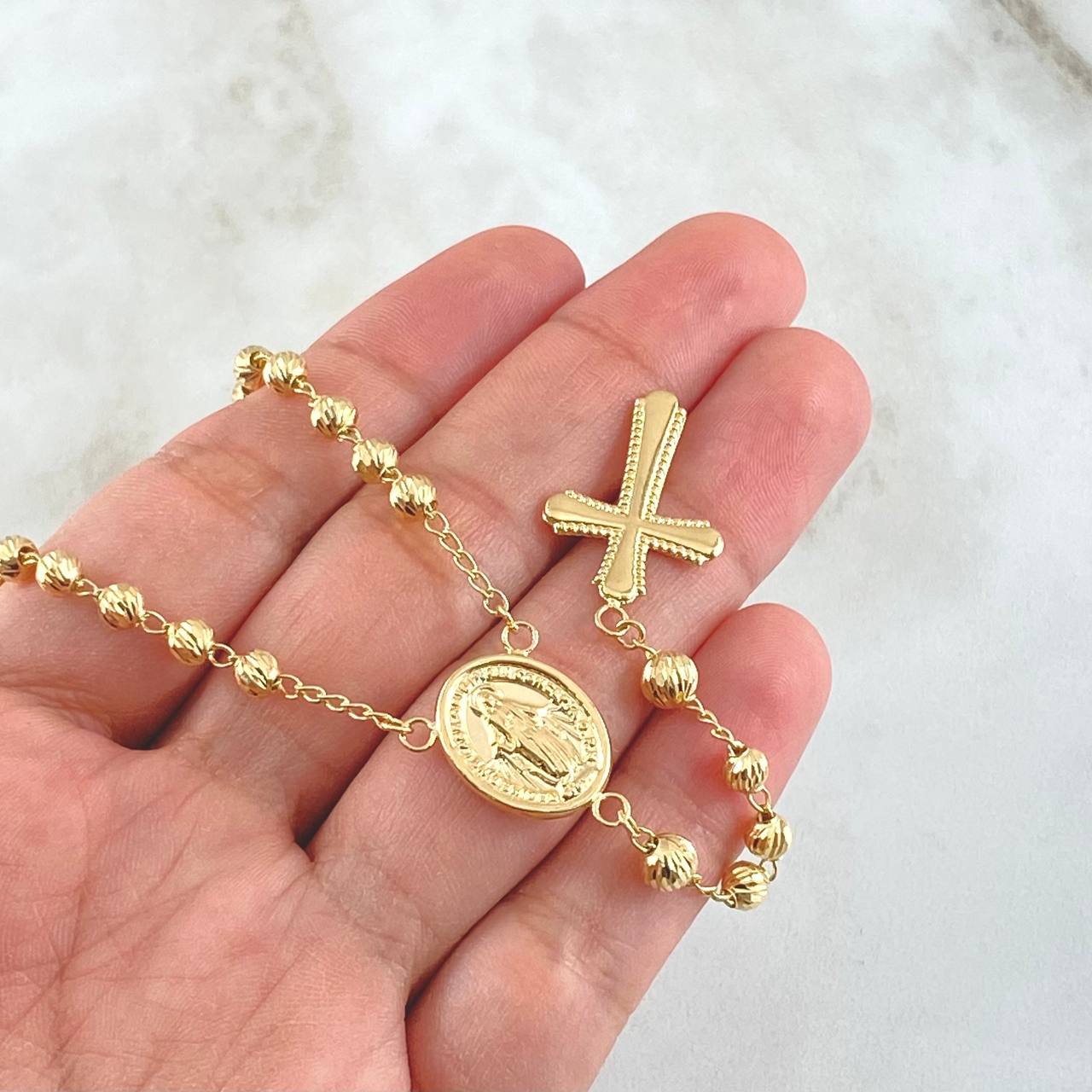 Rosario Virgen Milagrosa Cruz Bordeada 11.95gr / 55cm / 4mm-5mm Bola Diamantada Oro Amarillo 18K