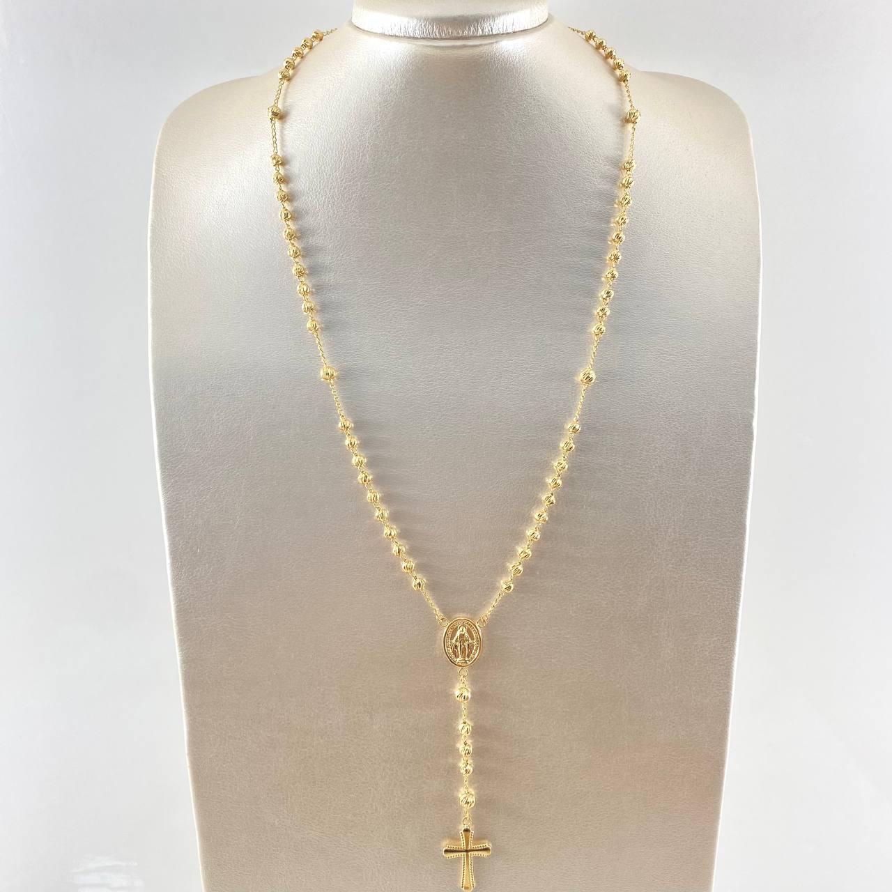 Rosario Virgen Milagrosa Cruz Bordeada 11.95gr / 55cm / 4mm-5mm Bola Diamantada Oro Amarillo 18K