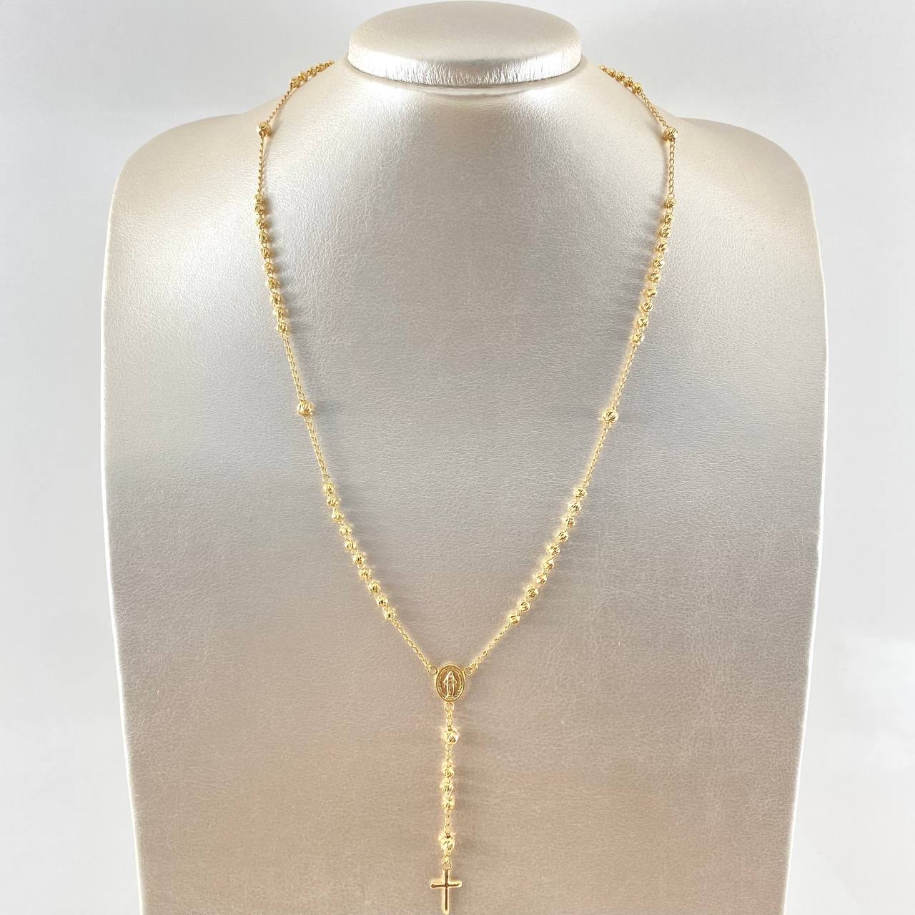 Rosario Virgen Milagrosa Cruz Bordeada 8.15gr / 50cm / 3mm-4mm Bola Diamantada Oro Amarillo 18K