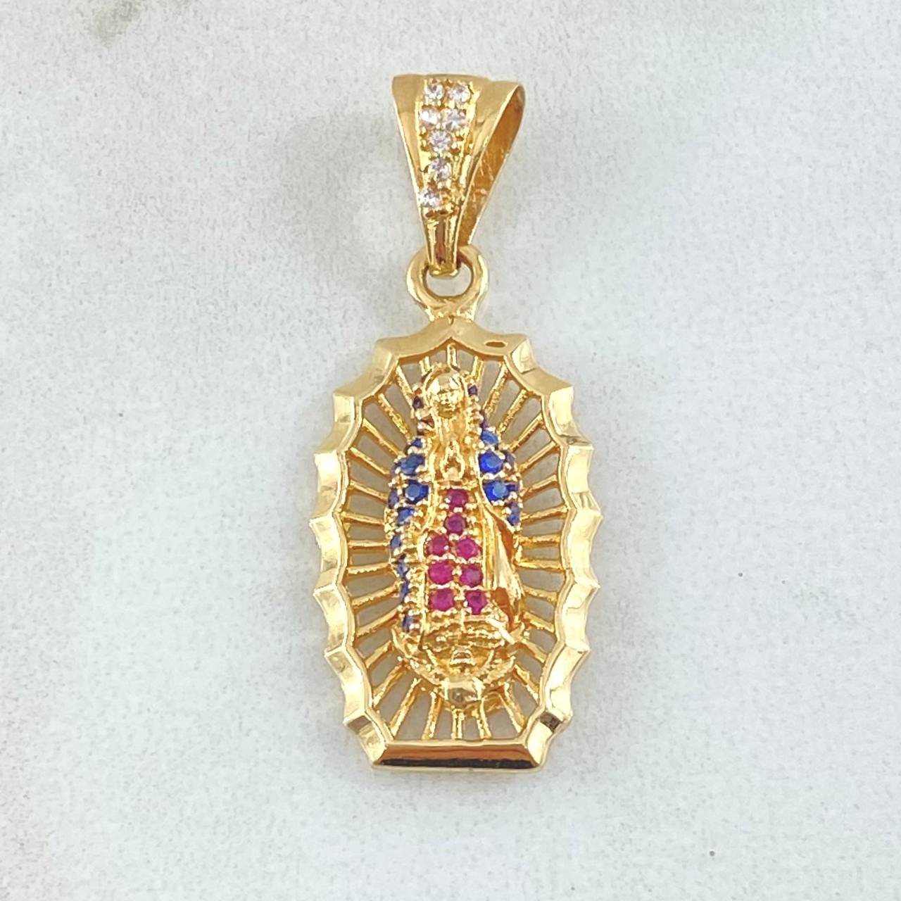 Pendant Virgin Guadalupe 3gr / 1.3in / White, Blue, Fuchsia Zirconia 18K Gold