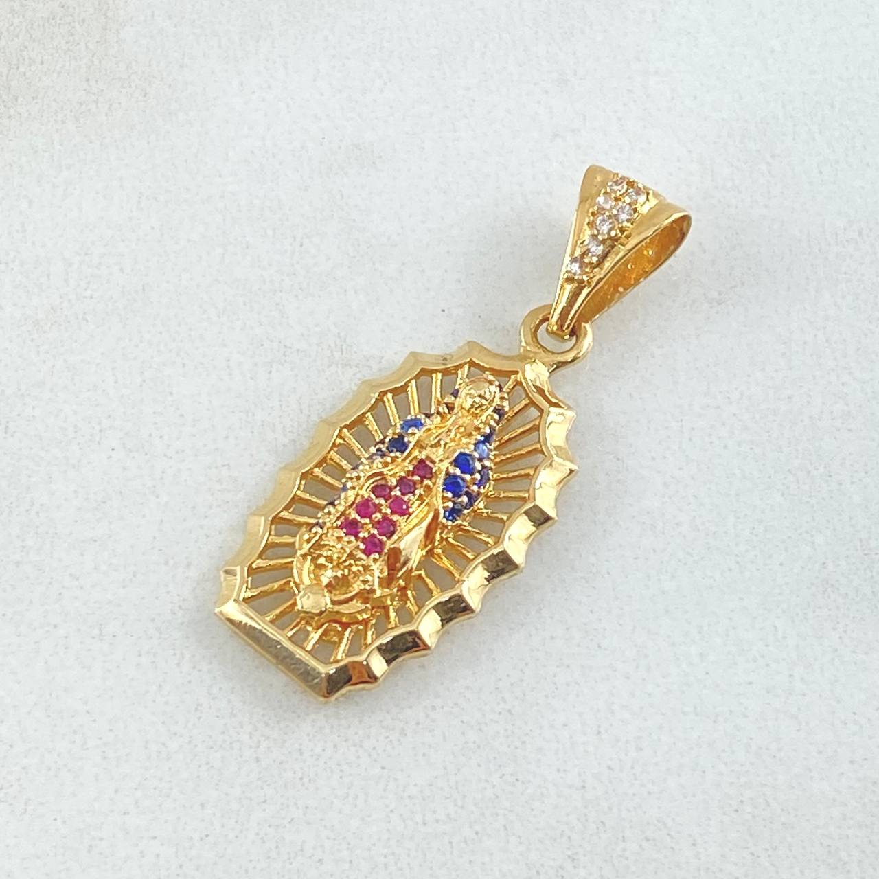 Pendant Virgin Guadalupe 3gr / 1.3in / White, Blue, Fuchsia Zirconia 18K Gold