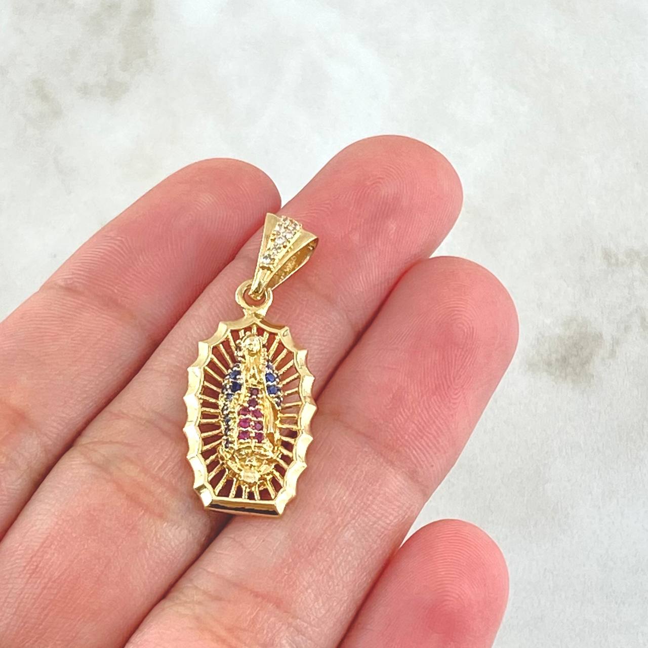 Pendant Virgin Guadalupe 3gr / 1.3in / White, Blue, Fuchsia Zirconia 18K Gold