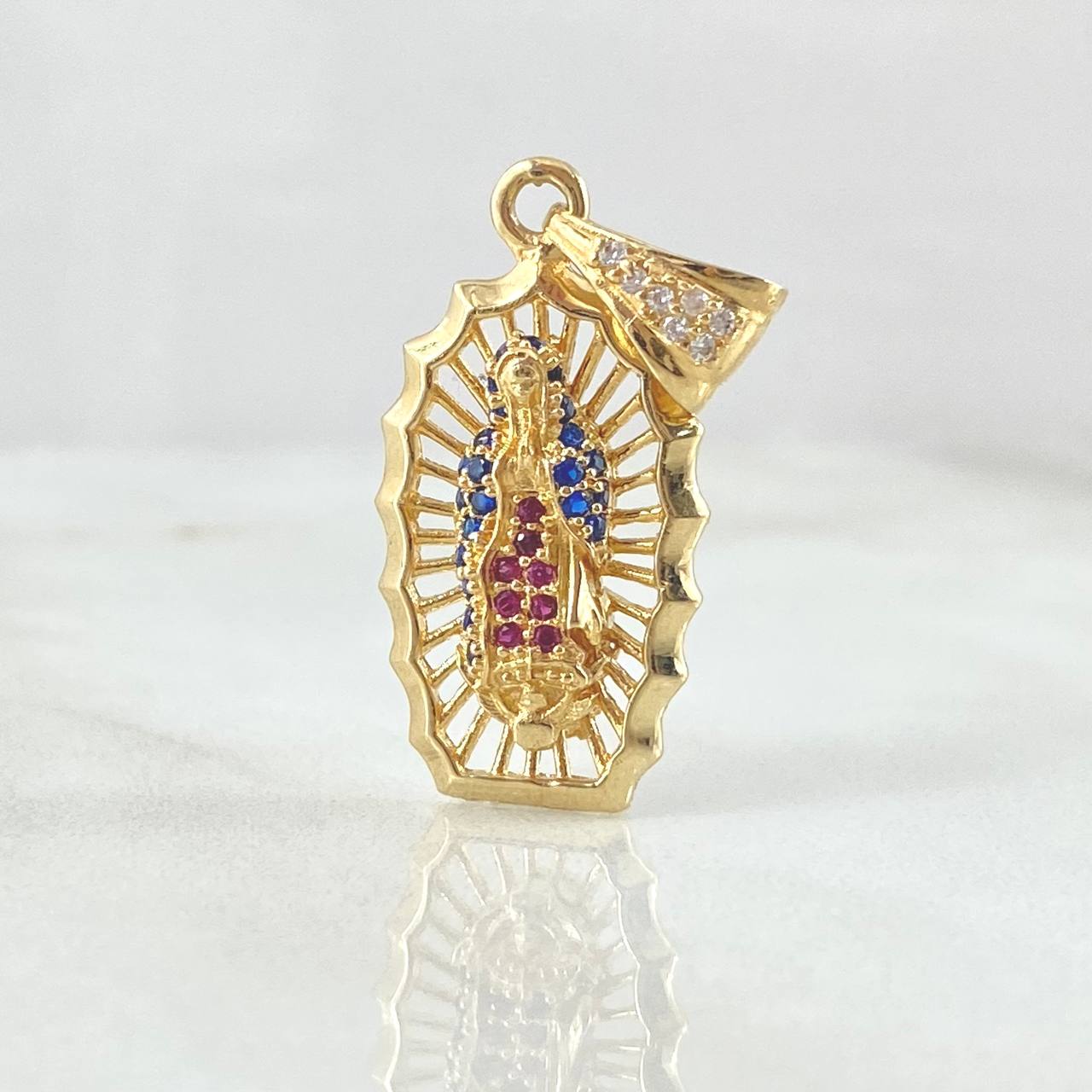 Pendant Virgin Guadalupe 3gr / 1.3in / White, Blue, Fuchsia Zirconia 18K Gold