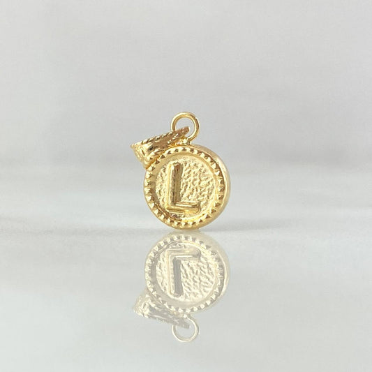 Dije Letra L 0.45gr / 1.4cm / Circulo Cargador Bordeado Oro Amarillo 18K