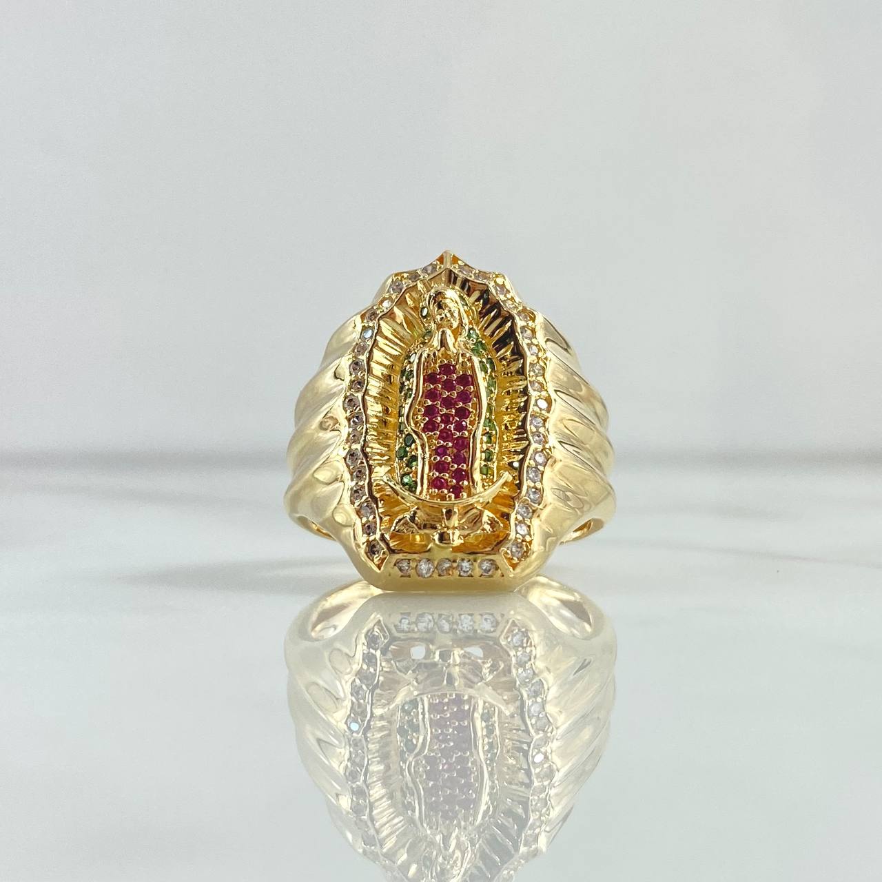 Virgin Guadalupe Ring 10.45gr / Size 10 1/2 / White - Green - Fuchsia Zircons 18K Yellow Gold ©