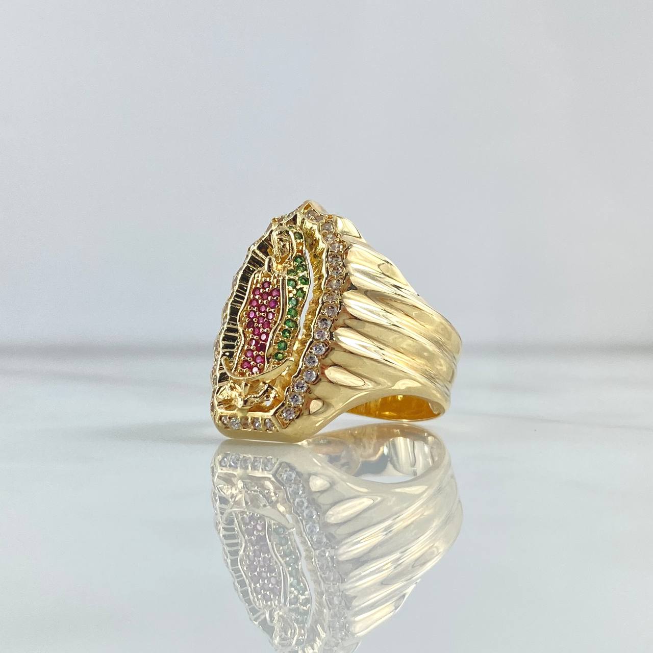 Virgin Guadalupe Ring 13.25gr / Size 12 / White - Green - Fuchsia Zircons 18K Yellow Gold