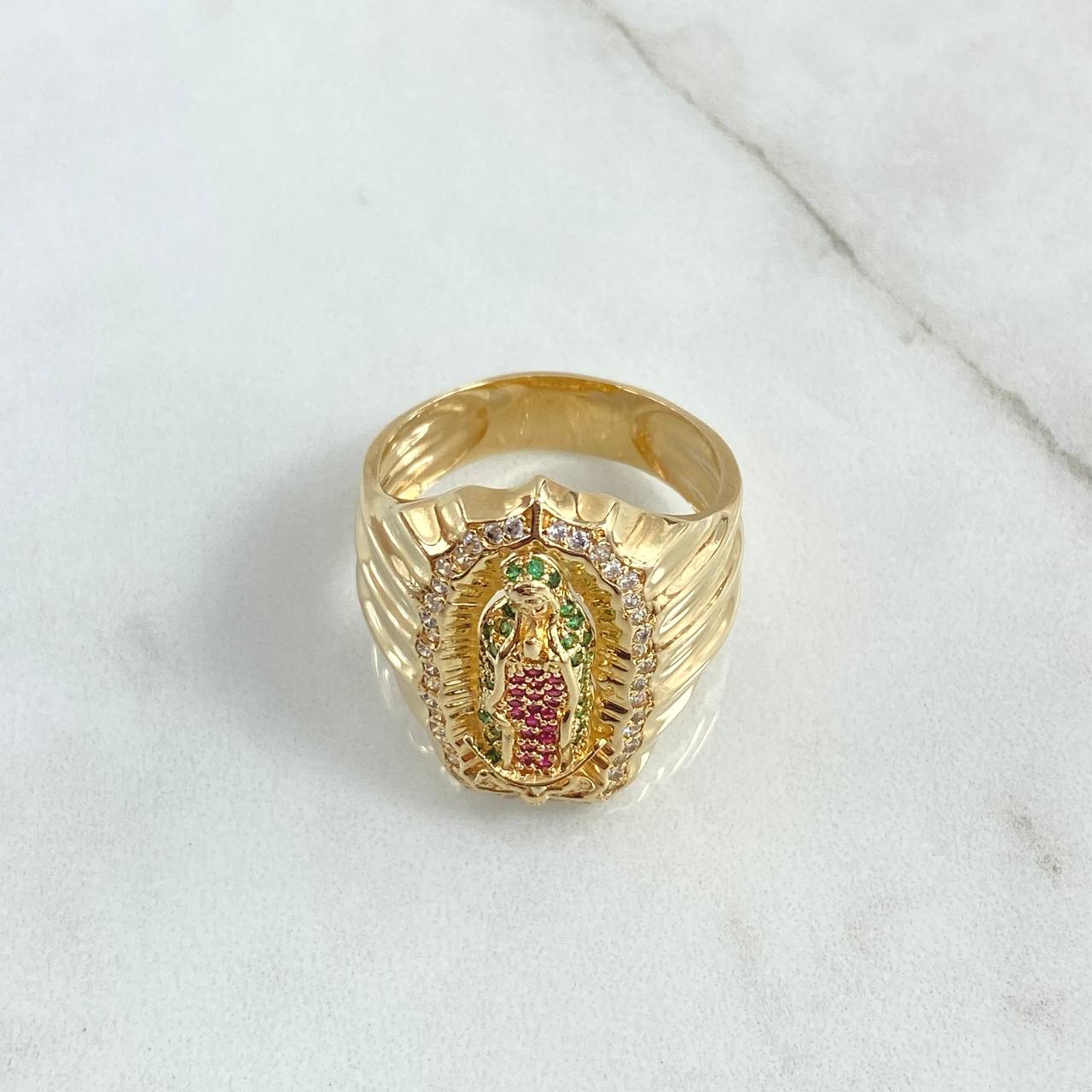Virgin Guadalupe Ring 10.45gr / Size 10 1/2 / White - Green - Fuchsia Zircons 18K Yellow Gold ©