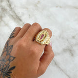 Virgin Guadalupe Ring 13.25gr / Size 12 / White - Green - Fuchsia Zircons 18K Yellow Gold