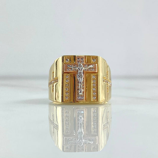 Cross Christ Ring 11.8gr / Size 10 1/2 / White Zircons Three 18K Golds