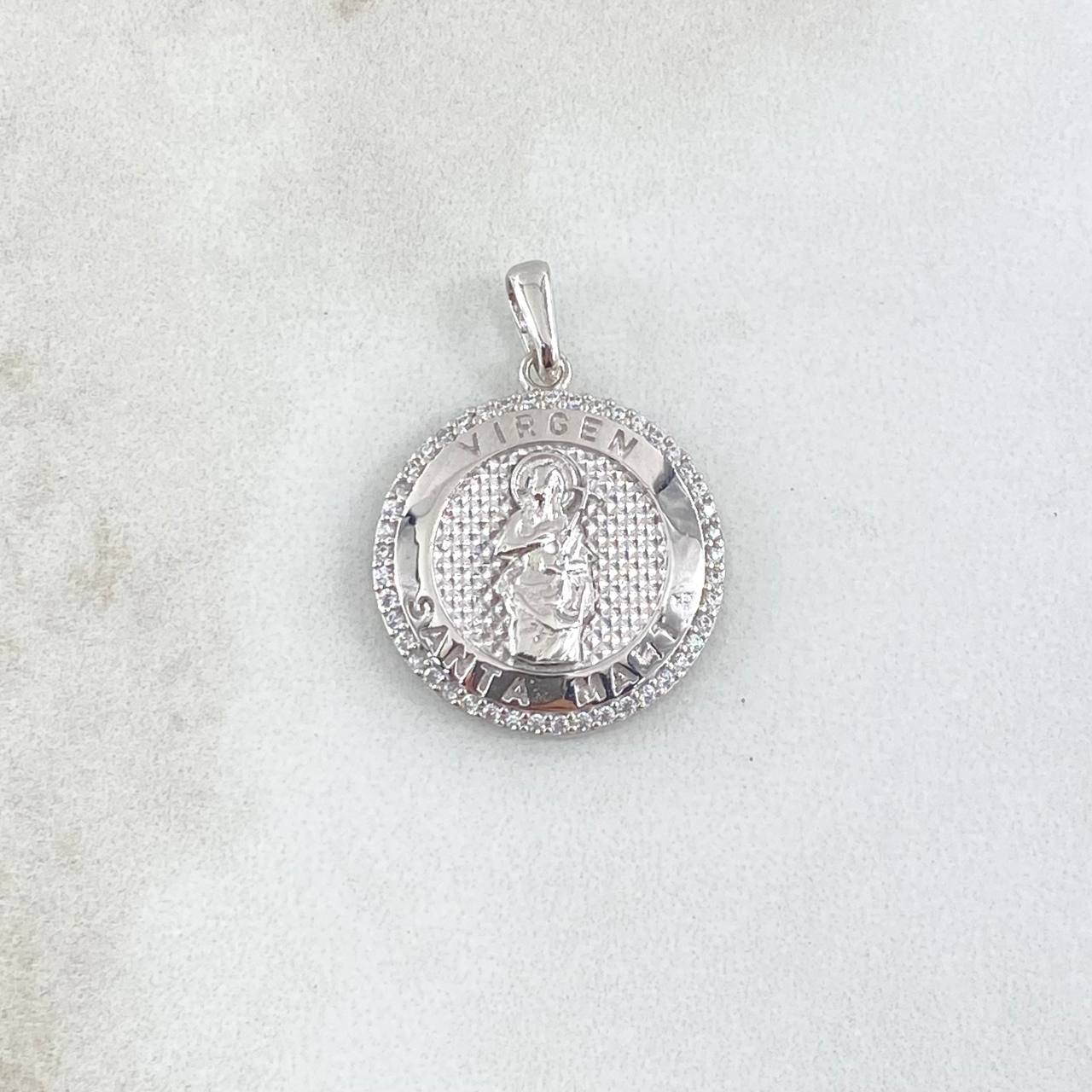 Dije Medalla Virgen Maria 4.35gr / 2.7cm / Circones Blancos Texturizado Oro Blanco 18K