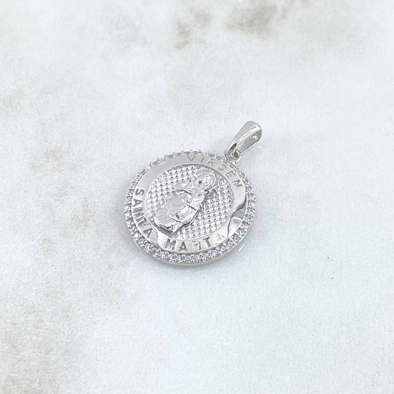 Dije Medalla Virgen Maria 4.35gr / 2.7cm / Circones Blancos Texturizado Oro Blanco 18K
