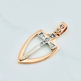 Pendant Sword Shield 3.15 g / 1 1/4 in Two Golds White Rose 18K