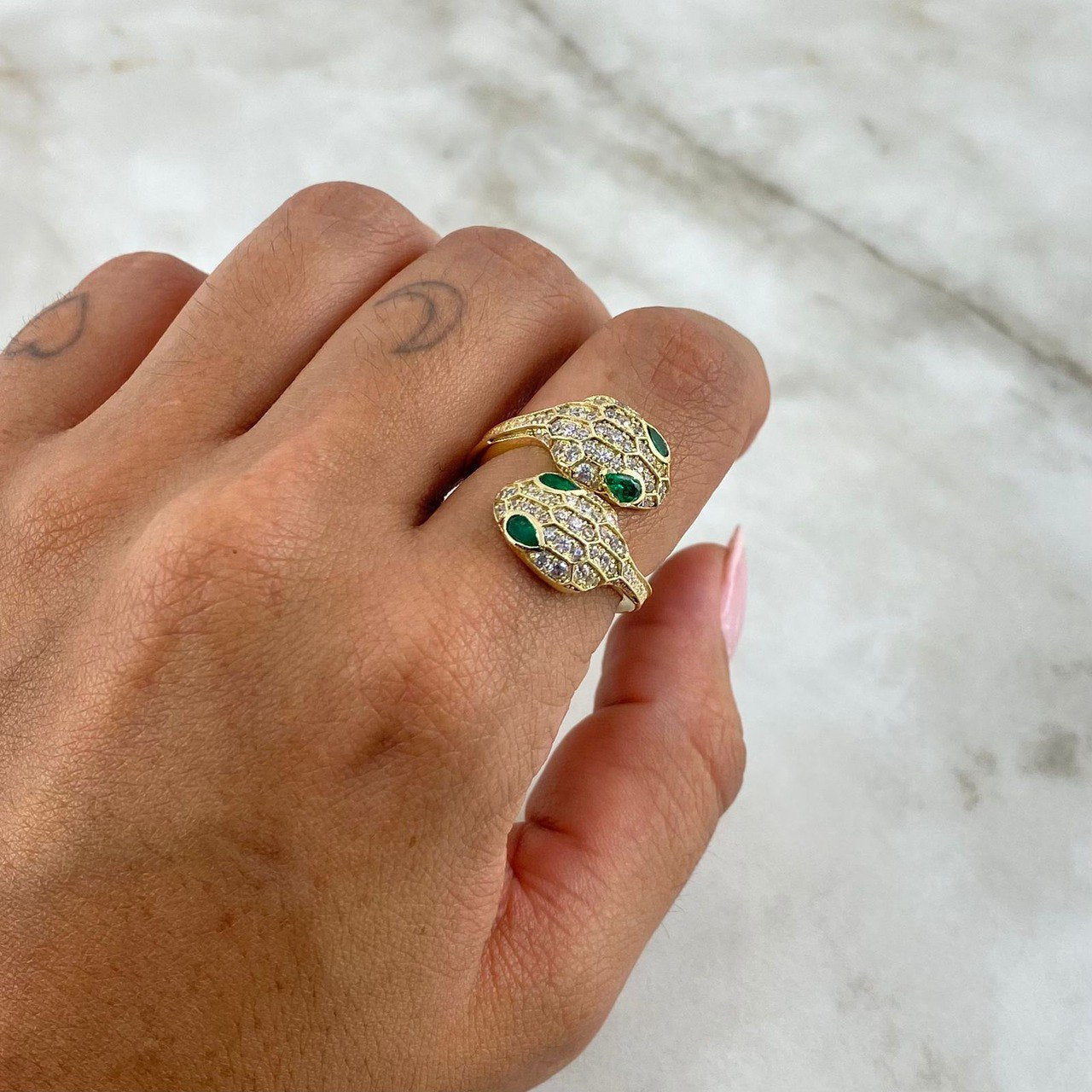 Custom Made to Order Two-Headed Snake Ring 8gr / White and Green Zircons 18K Yellow Gold