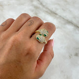 Custom Made to Order Two-Headed Snake Ring 8gr / White and Green Zircons 18K Yellow Gold