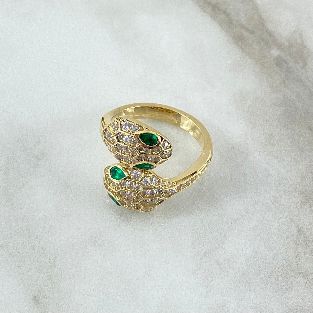 Custom Made to Order Two-Headed Snake Ring 8gr / White and Green Zircons 18K Yellow Gold