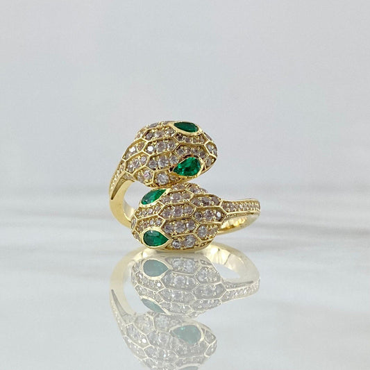 Custom Made to Order Two-Headed Snake Ring 8gr / White and Green Zircons 18K Yellow Gold