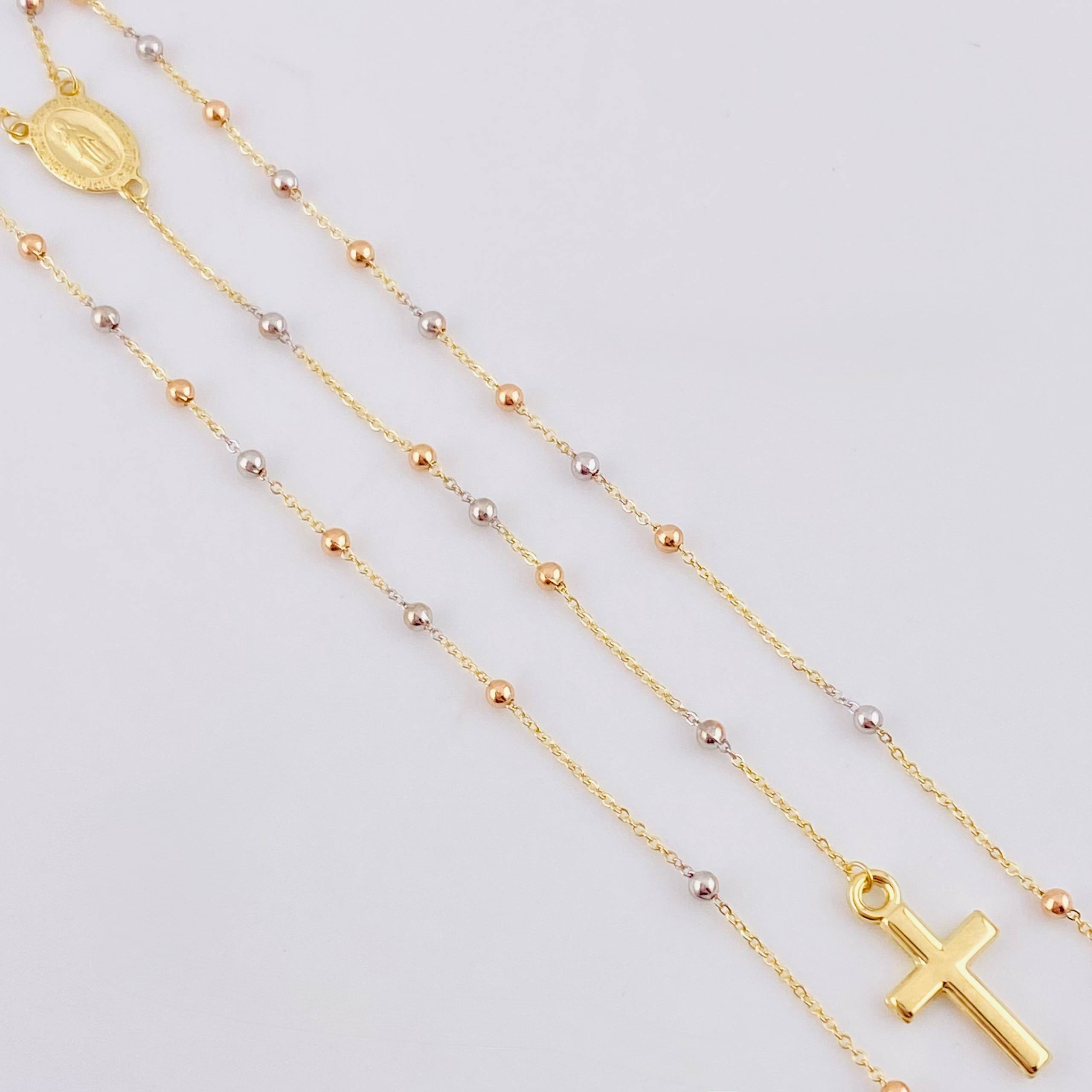 Rosario Virgen Maria Cruz Lisa 2.9gr / 17 3/4 in / 2mm Tres Oros +4 18K ©