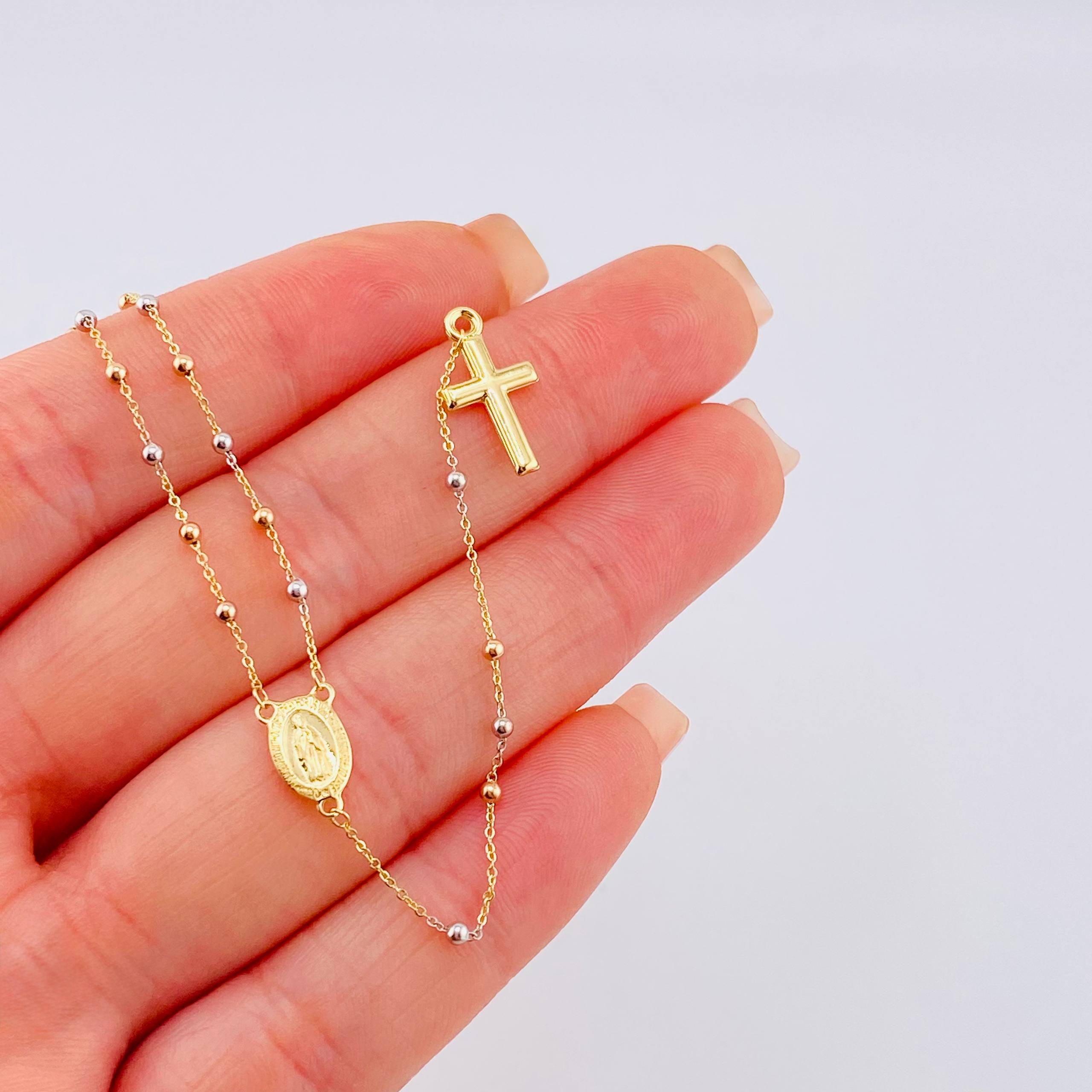 Rosario Virgen Maria Cruz Lisa 2.9gr / 17 3/4 in / 2mm Tres Oros +4 18K *