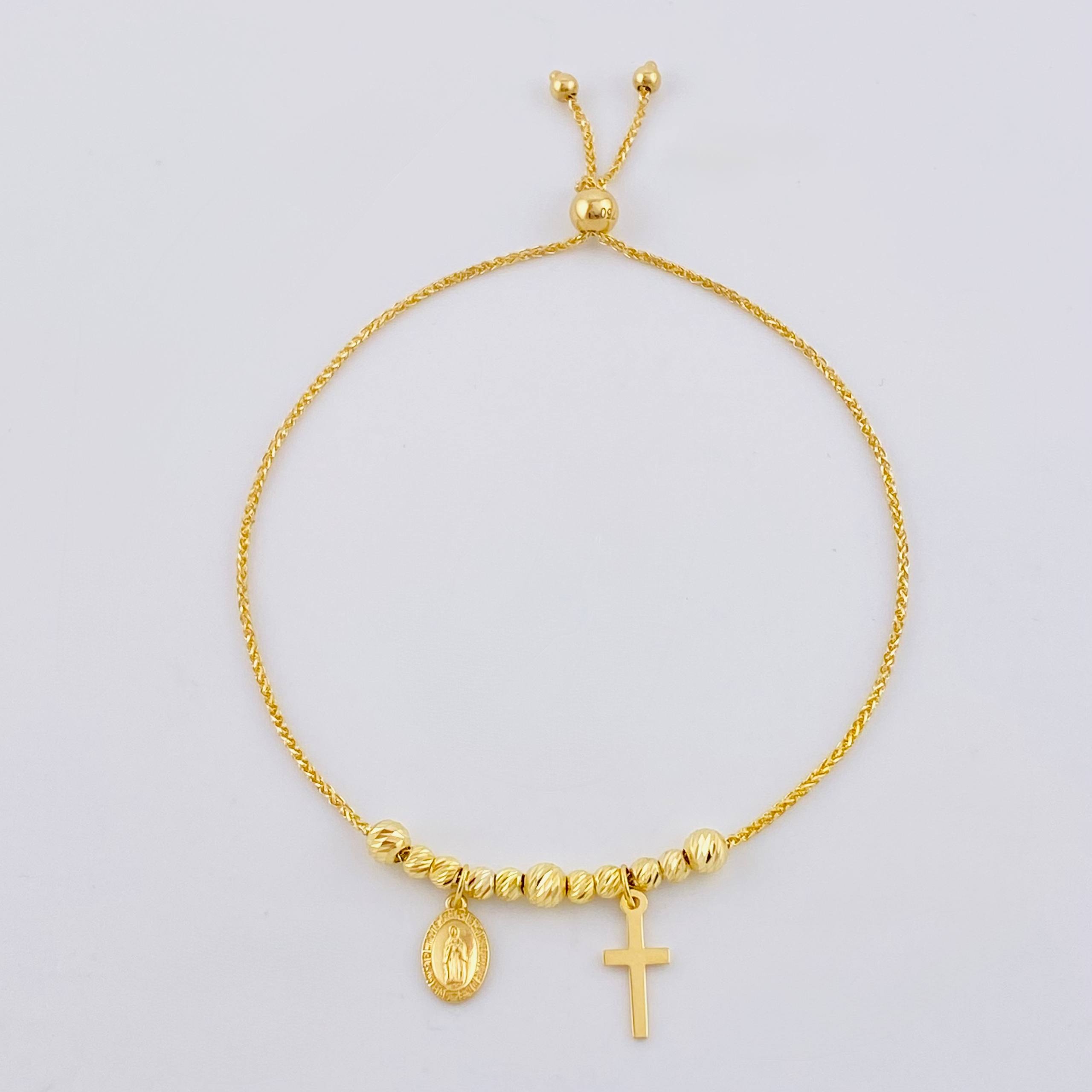 Pulso Franco Virgen Maria  Cruz Lisa 3.45gr / 9 in / 3mm-4mm Oro Amarillo +4 18K